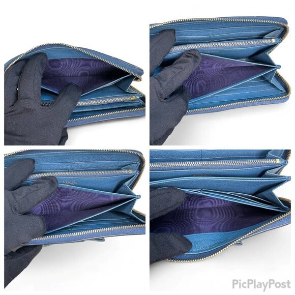 Women's Prada Saffiano Fiocco Leather Long Blue Zippered Ribbon Wallet - Picture 8 of 16